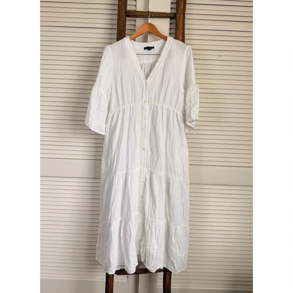 Saks Fifth Avenue White Cotton Gauze Tiered Midi Dress V-Neck Bell Sleeve Large